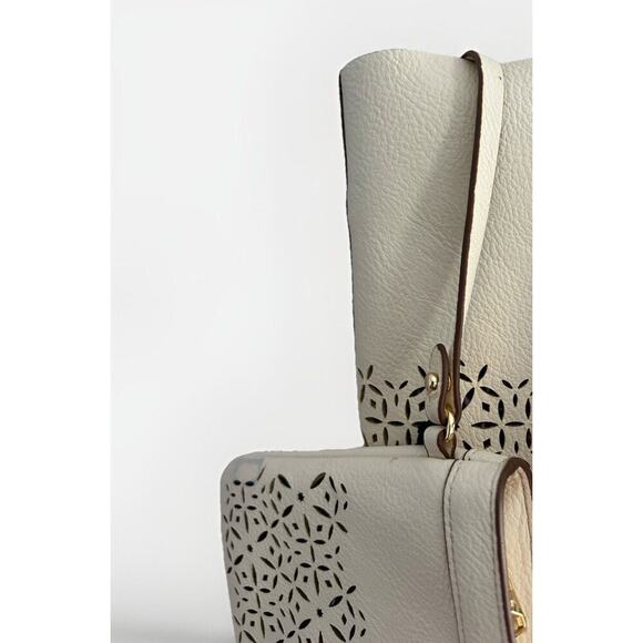 Ralph Lauren Laser Cut Perforated Chantilly Classic Tote Bag & Clutch Ivory Read - Picture 7 of 16